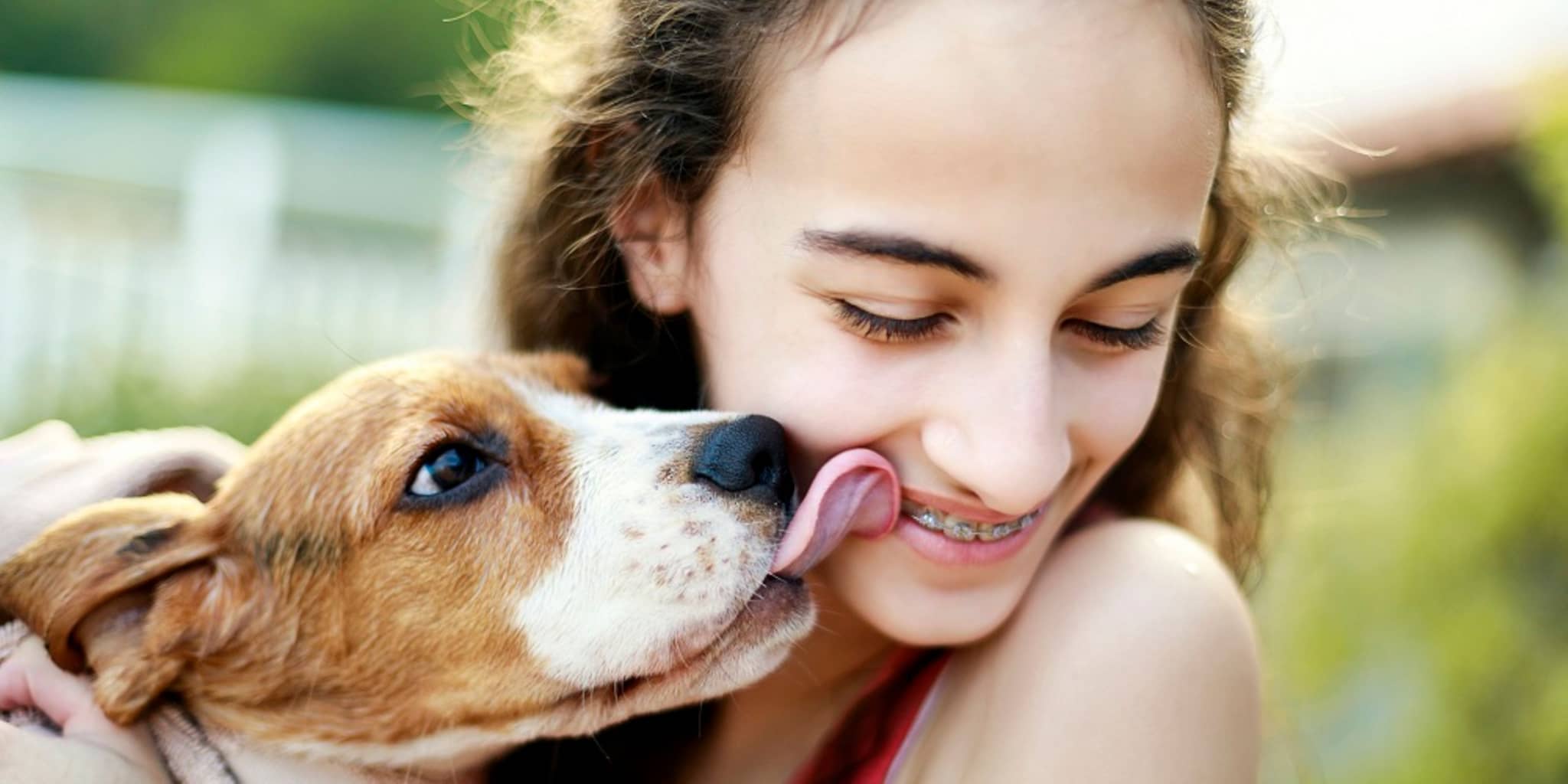 Ein Mädchen hält einen Hund im Arm, das Gesicht ist verdeckt. Der Hund schaut aufmerksam zur Seite.