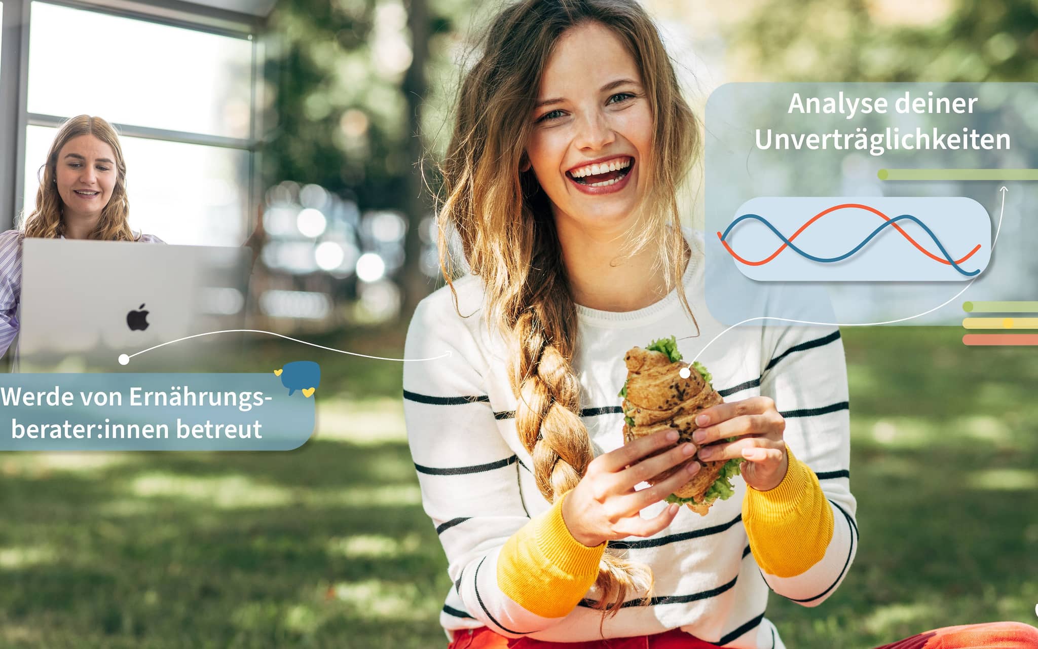 meal&heal App: Glückliche Frau isst ein Croissant.