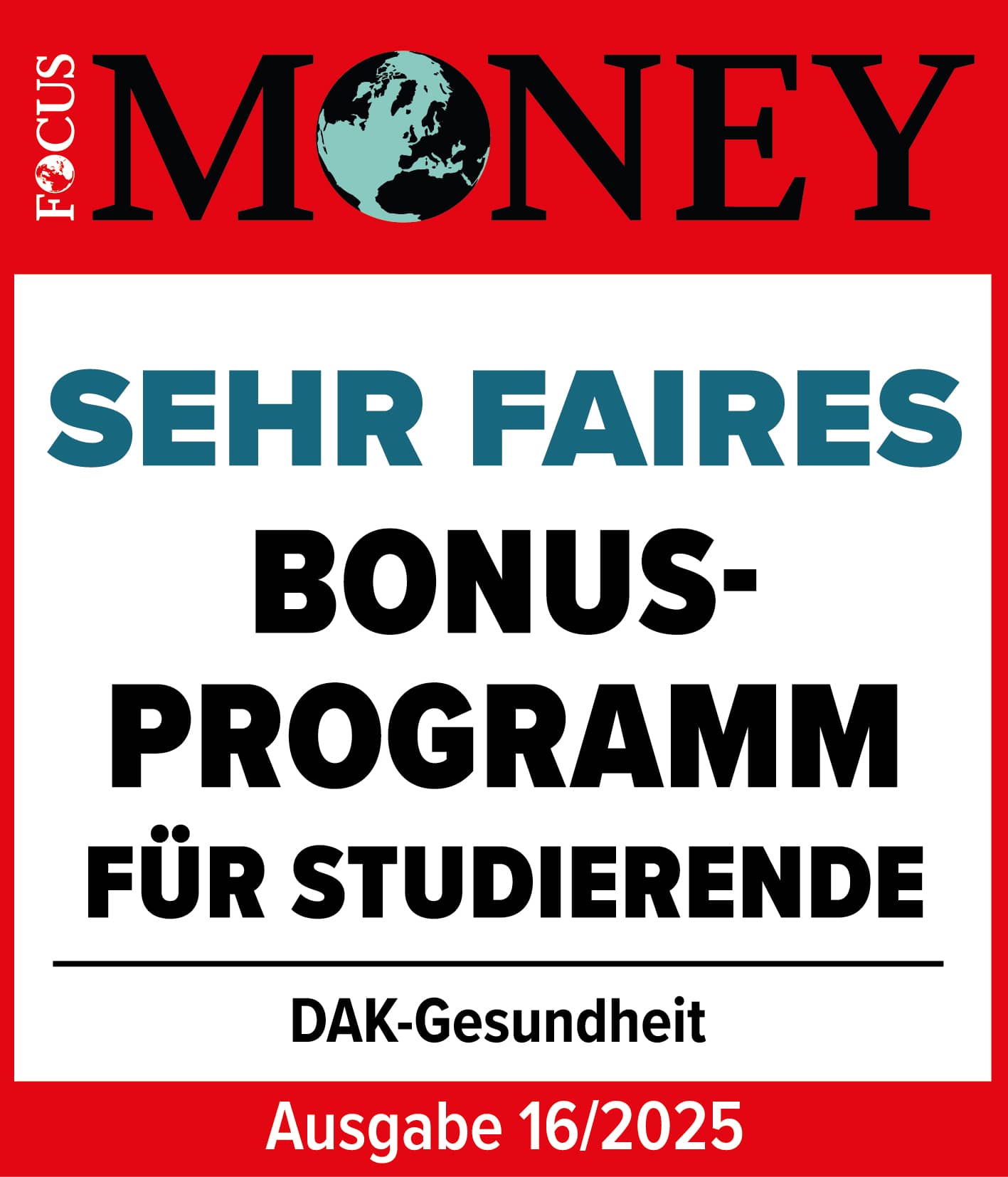 Auszeichnungen: Siegel von Focus Money als sehr faire Krankenkasse.