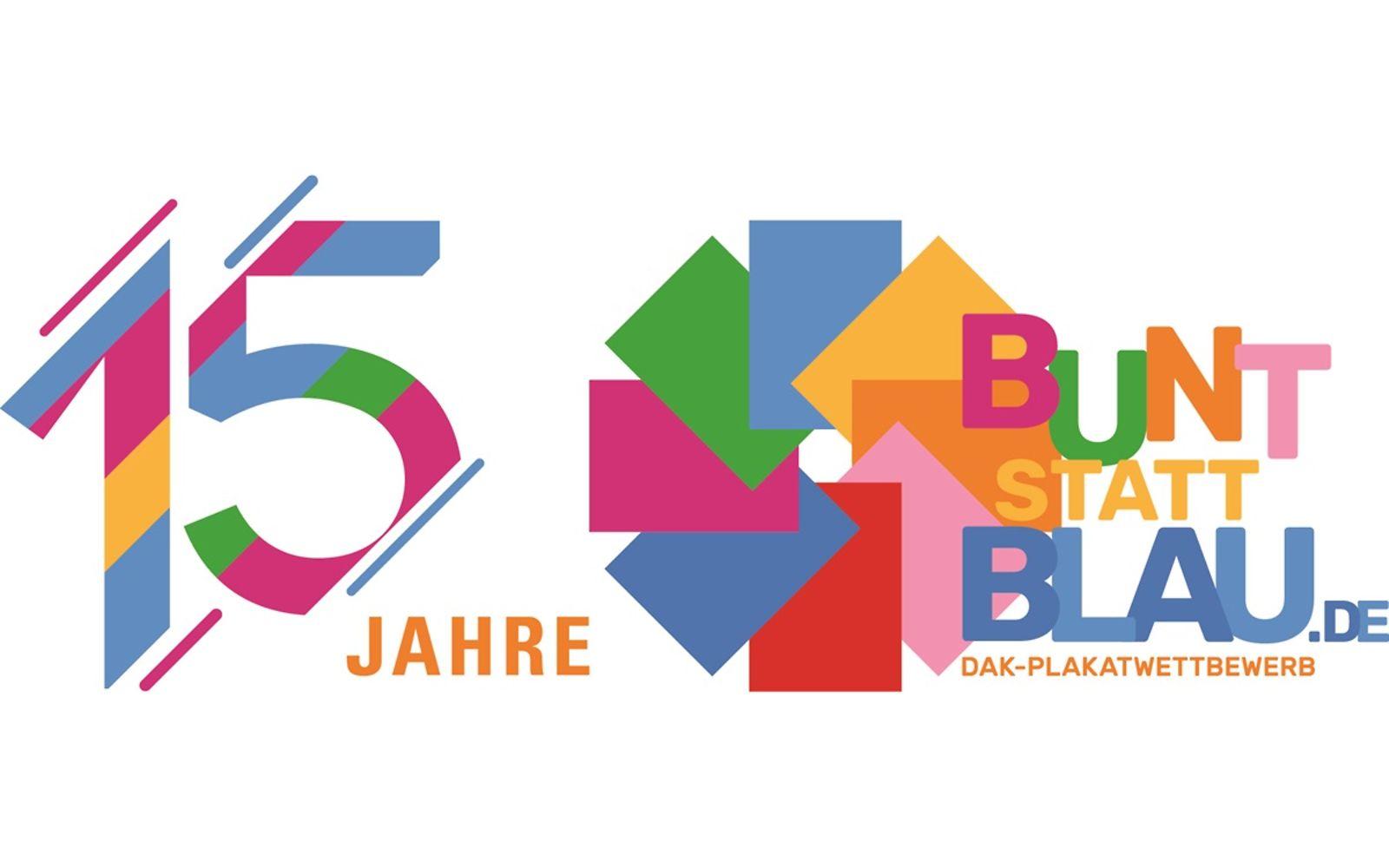Logo des Plakatwettbewerbs "bunt statt blau" zum 15-jährigen Jubiläum.