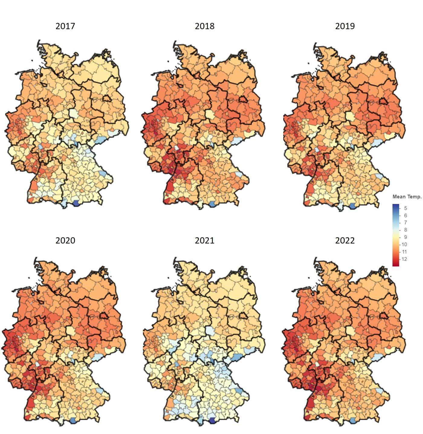 DAK Kinder- und Jugendreport 2024: Grafik zu Jahresdurchschnittstemperaturen (°C) in Deutschland zwischen 2017-2022.