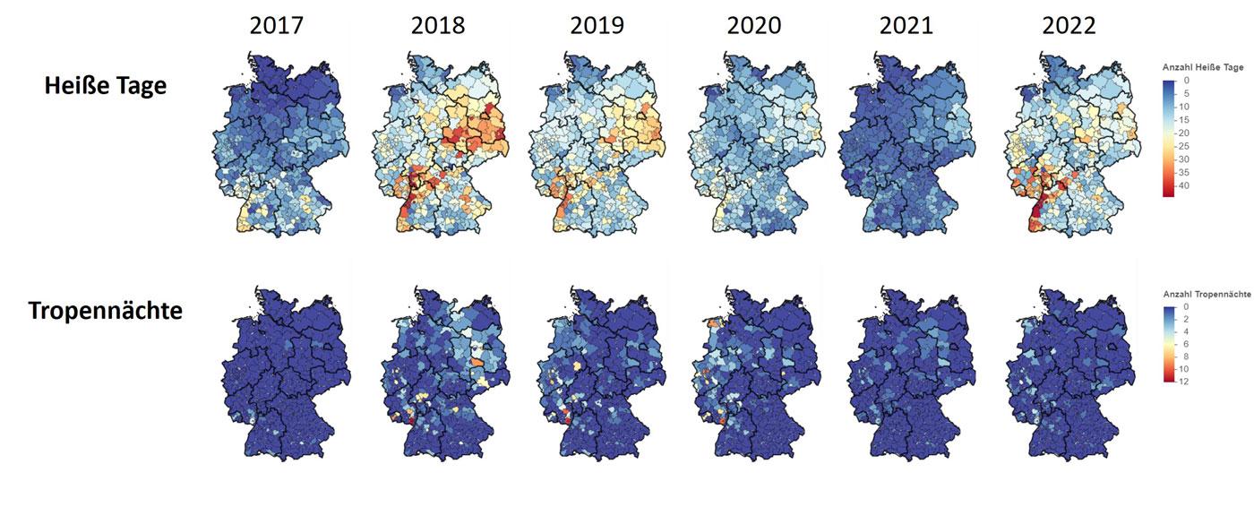 DAK Kinder- und Jugendreport 2024: Grafik zur Anzahl heißer Tage und Tropennächte in Deutschland zwischen 2017-2022.