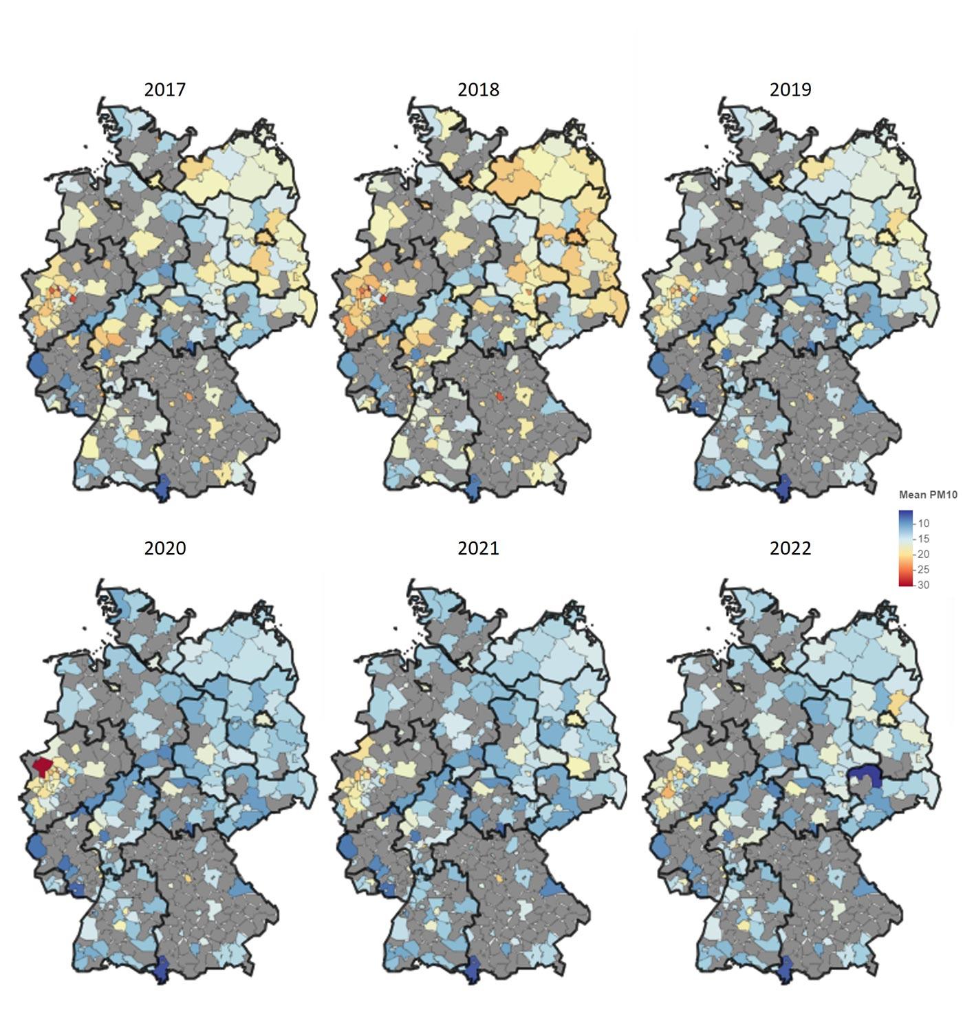 DAK Kinder- und Jugendreport 2024: Grafik zur Feinstaubbelastung (µg/m³) in Deutschland zwischen 2017-2022.