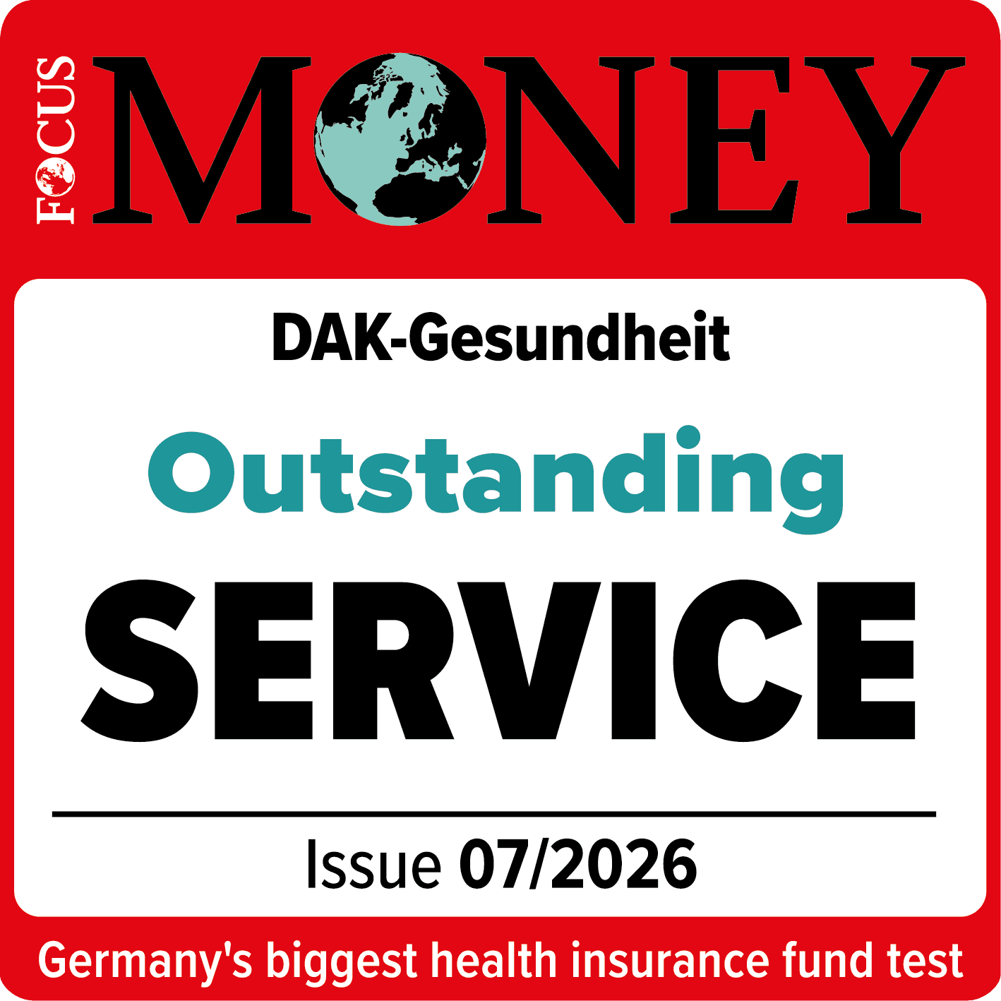 Seal: Focus Money certificates DAK-Gesundheit outstanding service