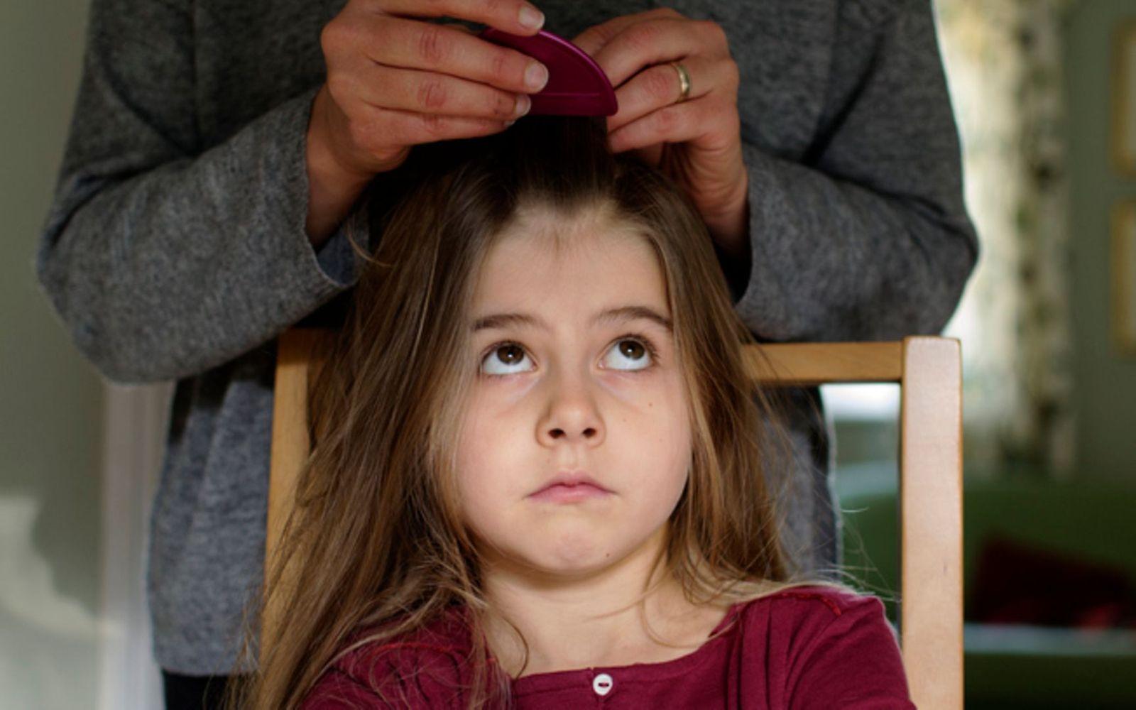 Kopfläuse: Mutter sucht mit einem Nissenkamm Läuse in den Haaren ihrer Tochter