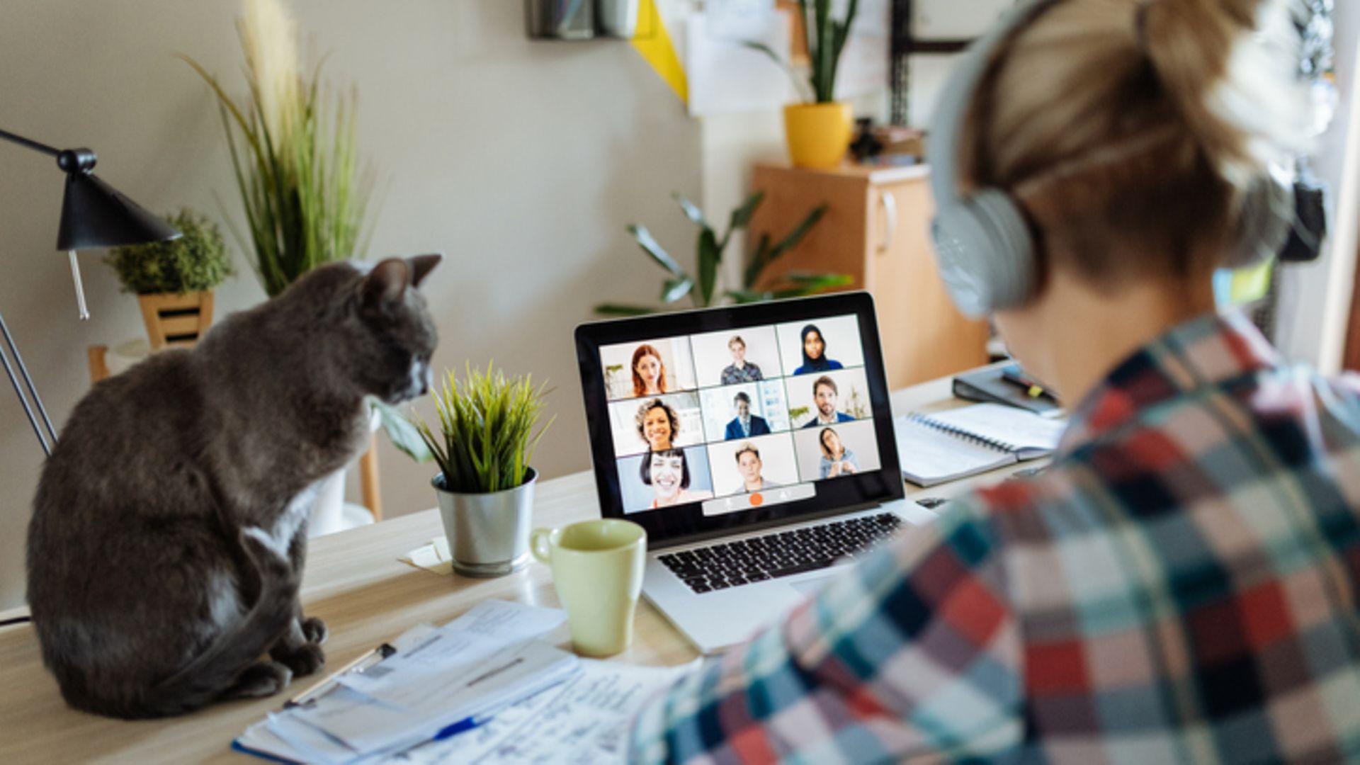 Home-Office: Frau sitzt mit Kopfhörern vor einem Bildschirm und nimmt an einem Meeting teil