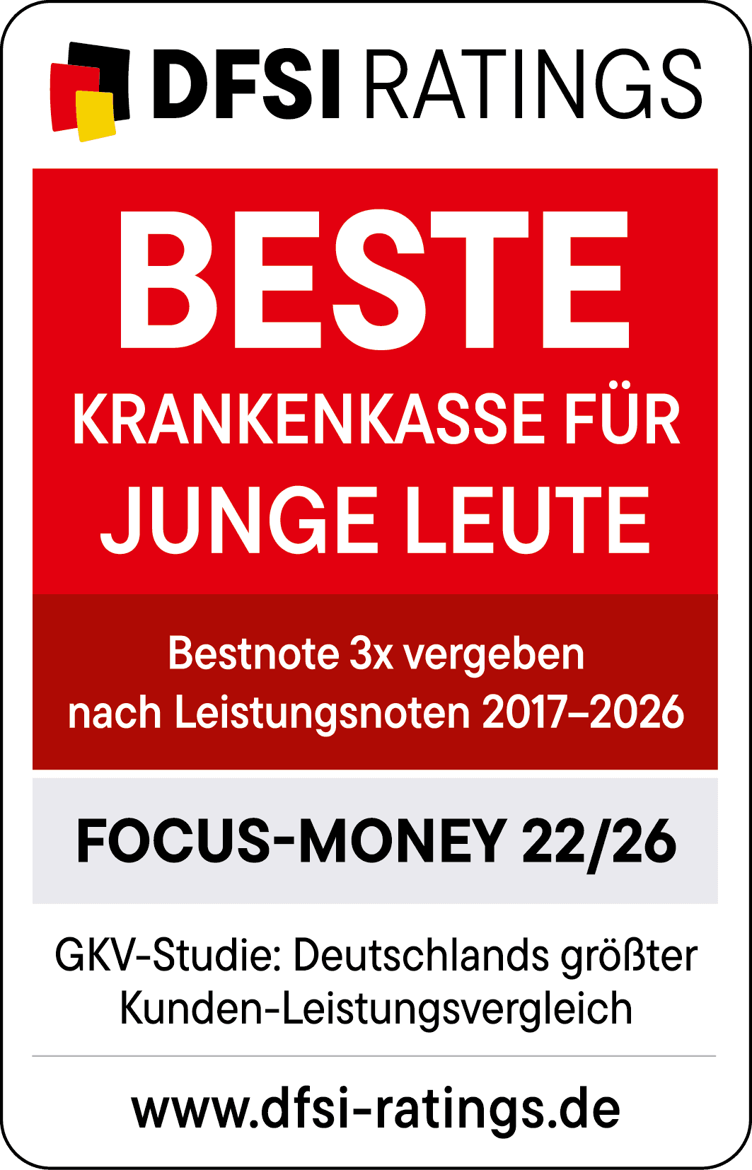 Auszeichnungen: Siegel des DFSI für die beste Krankenkasse für junge Leute. Focus-Money 22/26