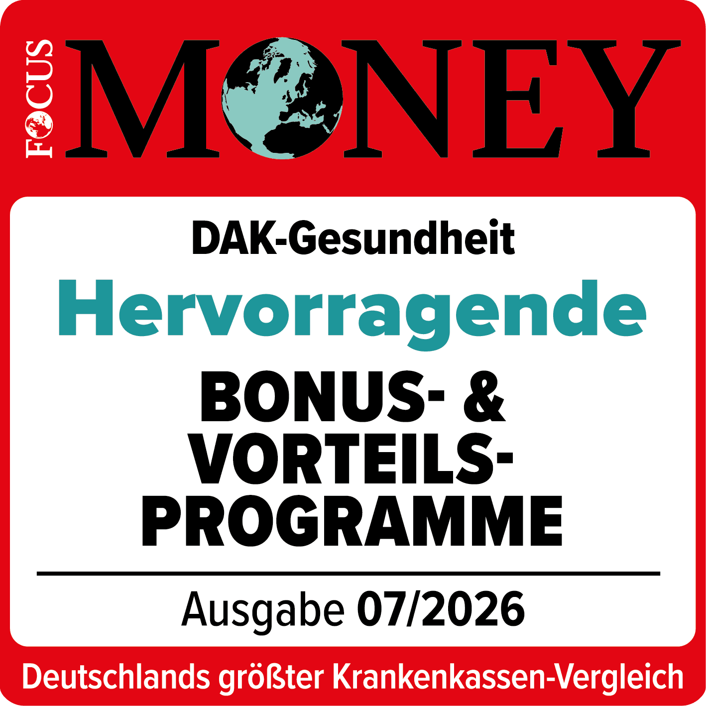 Auszeichnungen: Siegel von Focus Money für hervorragende Bonus- und Vorteilsprogramme
