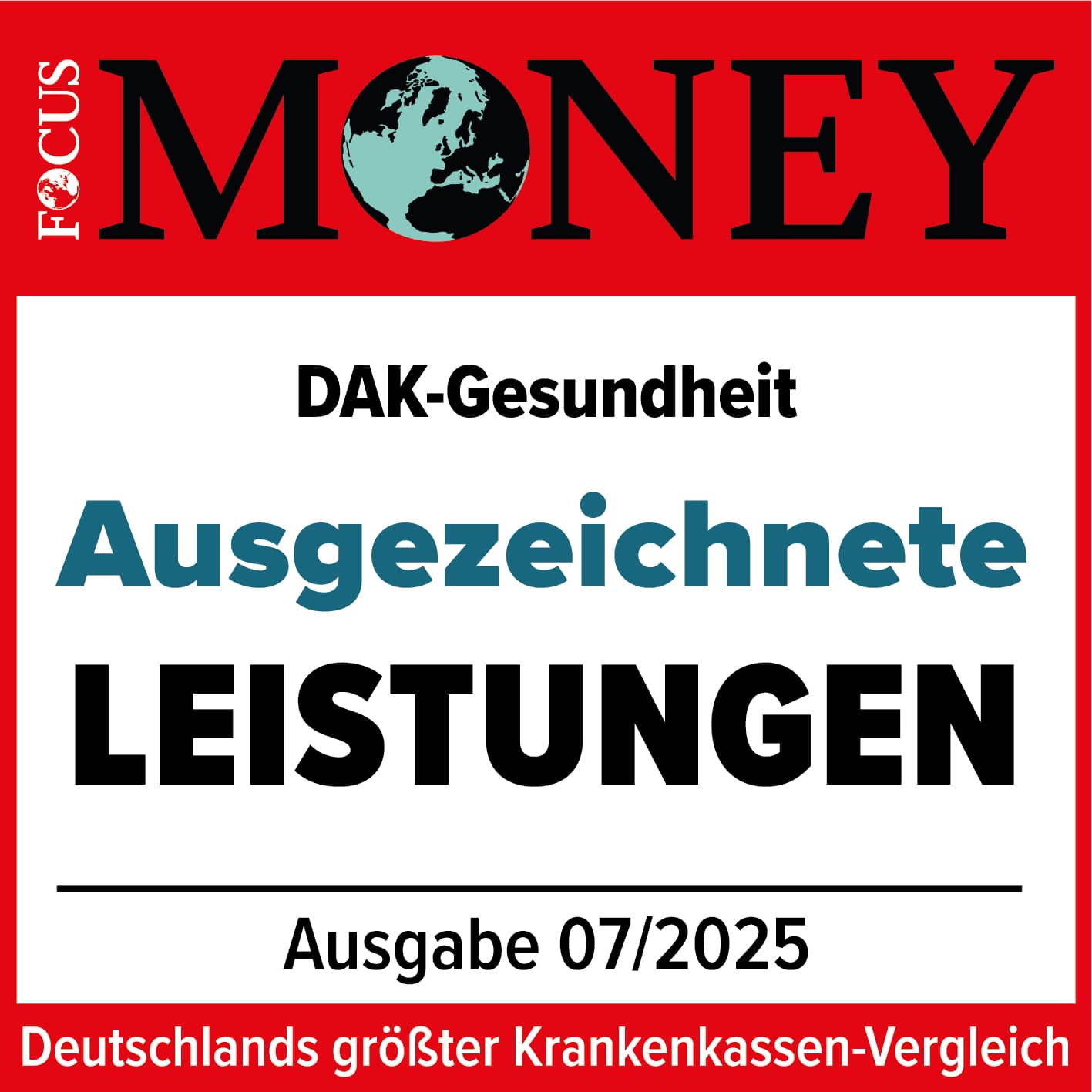 Auszeichnungen: Siegel von Focus Money für ausgezeichnete Leistungen.