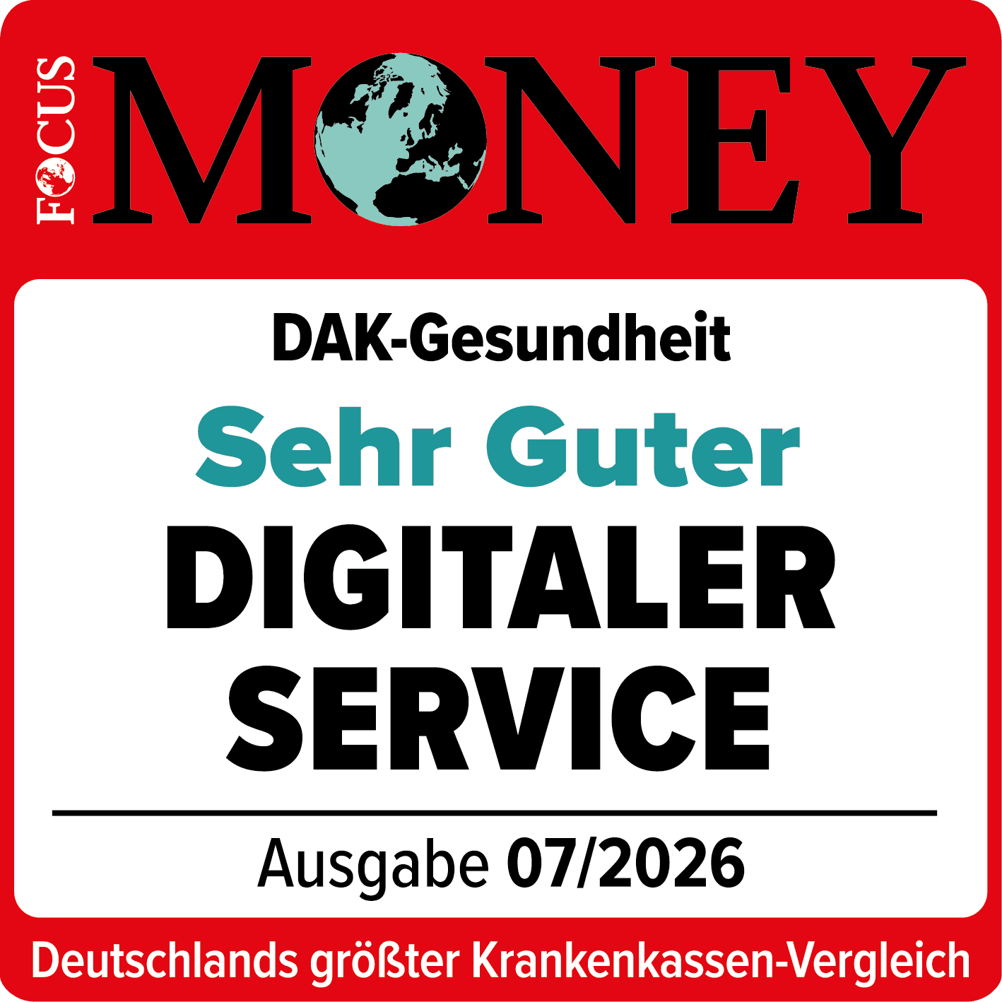 Auszeichnungen: Siegel von Focus Money für sehr guten digitalen Service.