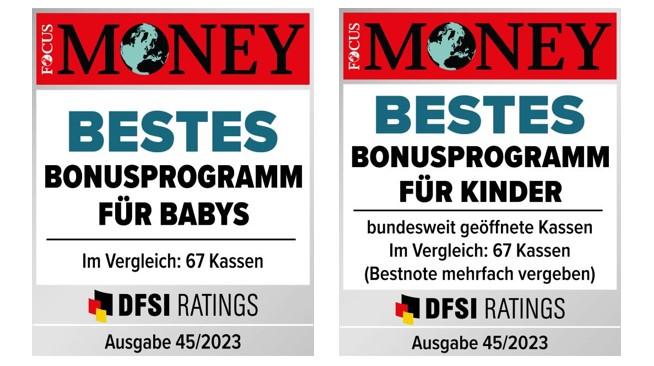 Siegel von Focus Money für die DAK-Gesundheit: Bestes Bonusprogramm für Babys und für Kinder.