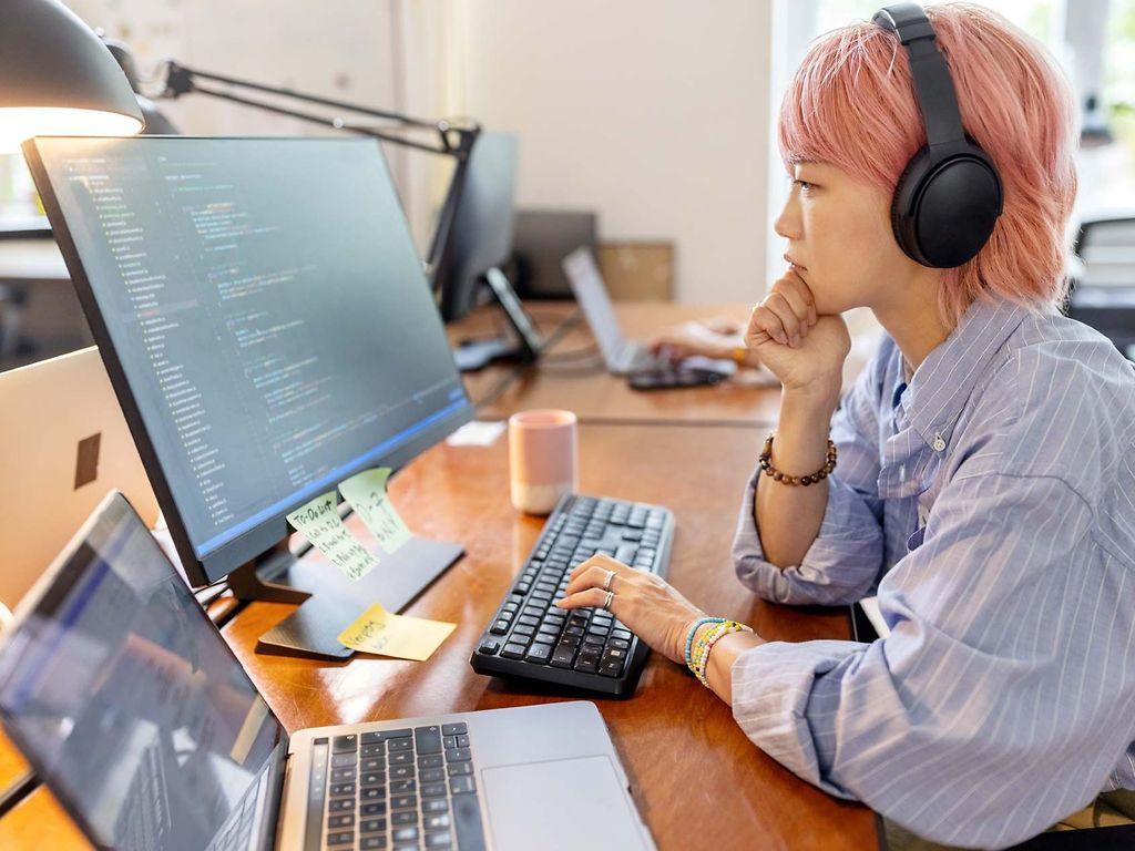 Symbolbild Beitragsnachweise: Frau schaut auf einen Computer.